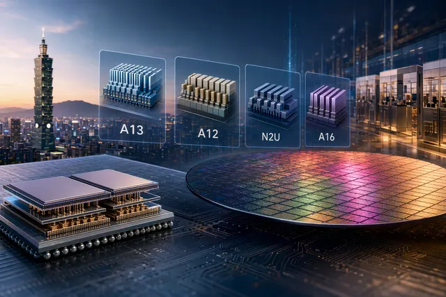Illustration of advanced semiconductor wafer and AI chip packaging representing TSMC’s angstrom-era roadmap