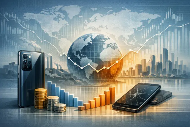 Editorial illustration of a divided global smartphone market, with premium phones rising as budget devices decline amid a memory shortage