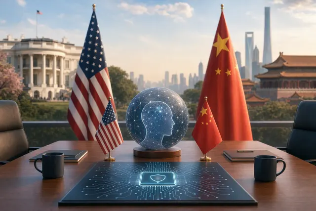AI-generated editorial illustration representing U.S.-China talks on artificial intelligence safety and cybersecurity