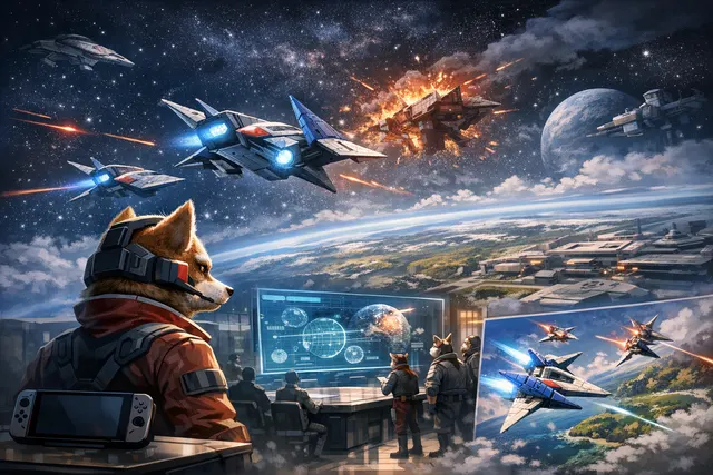 Star Fox remake for Nintendo Switch 2 featuring Fox McCloud flying an Arwing in updated graphics