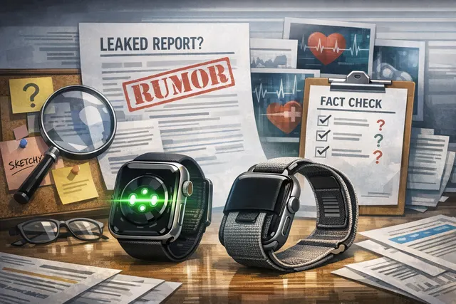 A conceptual render of an Apple Watch Series 12 showing a highlighted silicone band and a rear sensor array, illustrating the contrast between a rumored band sensor and a more trad