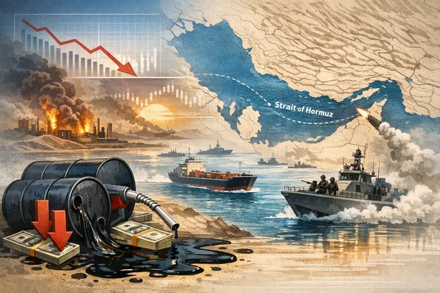 An AI-generated editorial image of the Strait of Hormuz global oil supply crisis showing tankers, disrupted shipping lanes, and energy market charts