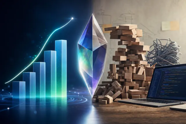 Editorial illustration of an AI model being evaluated on benchmark tests and coding tasks