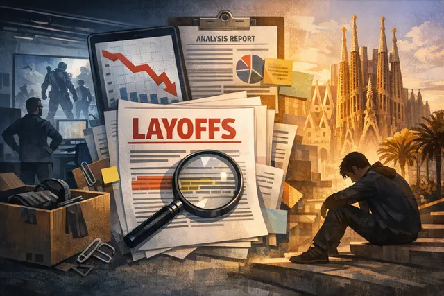 A conceptual image representing the video game industry layoffs in 2026, with game logos and charts fading out.