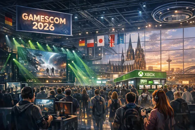 Editorial illustration of Gamescom 2026 in Cologne featuring gaming showcases, The Witcher 3 and international industry displays
