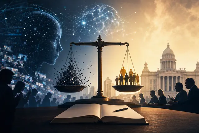 Editorial illustration of artificial intelligence, human choice and technology regulation