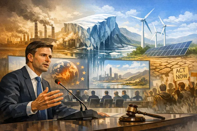 A split-view of a formal UN meeting room and a smokestack-lit sky, symbolizing the gap between climate negotiations and industrial reality.