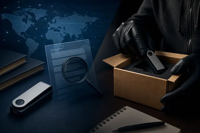 Editorial illustration of a hardware wallet and cryptocurrency transfers between blockchain addresses