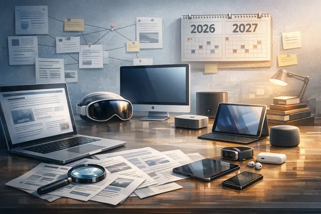 Concept image representing Apple's upcoming product lineup for 2026-2027, including foldable iPhone, smart glasses, and new wearables