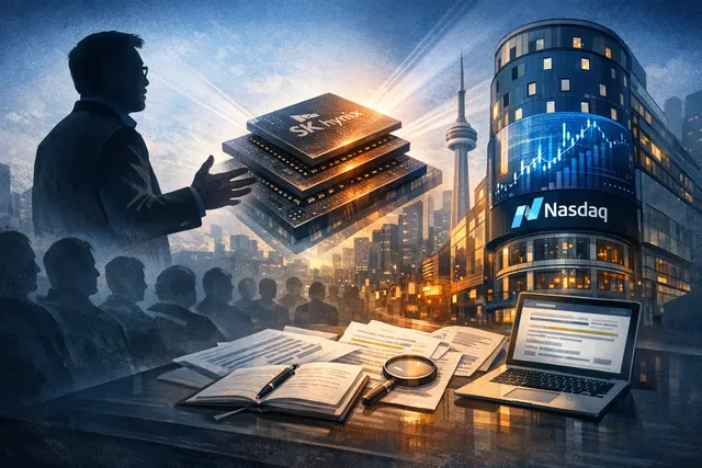 AI-generated visualization representing Nvidia CEO Jensen Huang and the SK Hynix record-breaking Nasdaq ADR listing, with stock market and chip imagery.