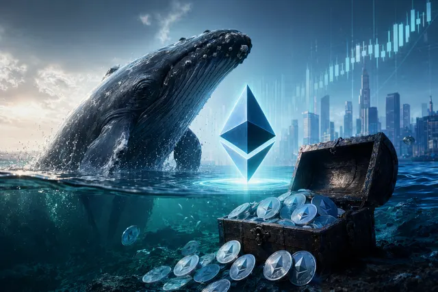 Illustration of a dormant Ethereum whale wallet reactivating and accumulating ETH