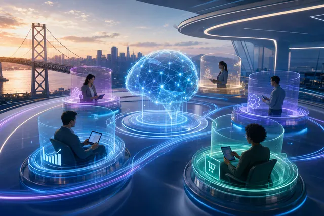 Editorial illustration representing Salesforce Agentforce AI agents and enterprise workflows