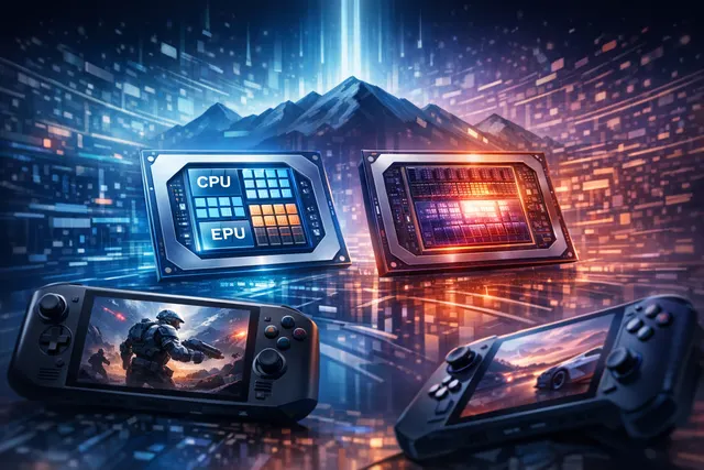 Illustration of the Intel Arc G3 processor for gaming handhelds, showcasing the Panther Lake architecture and Xe3 graphics.