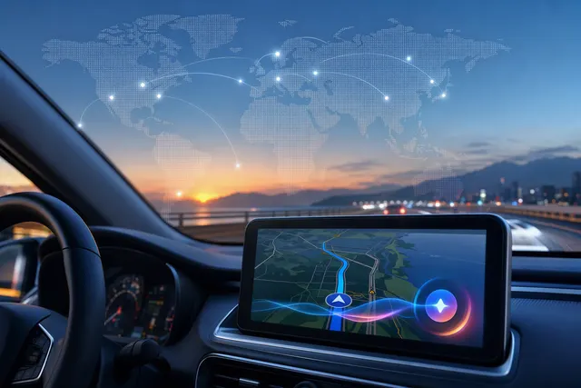 Illustration representing Gemini voice navigation in Google Maps on Apple CarPlay