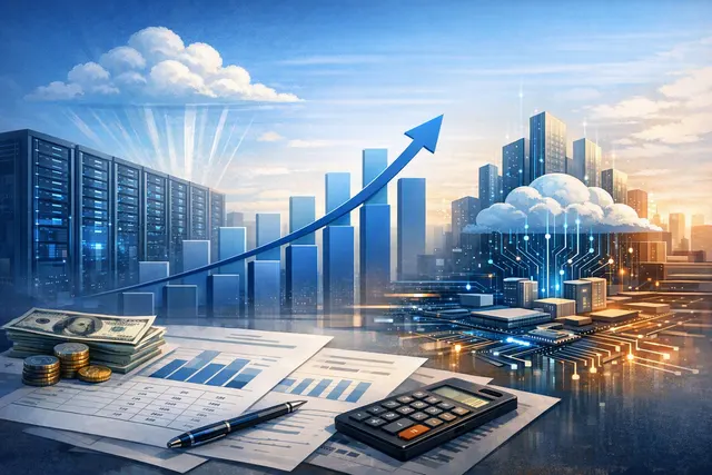 Illustration of Microsoft Azure cloud infrastructure, AI data centers, and financial reporting