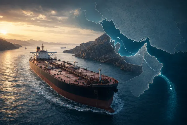 Oil supertanker transiting the Strait of Hormuz during heightened geopolitical tensions