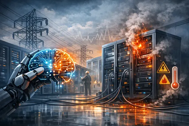 Abstract visualization of power surges damaging server infrastructure in an AI data center