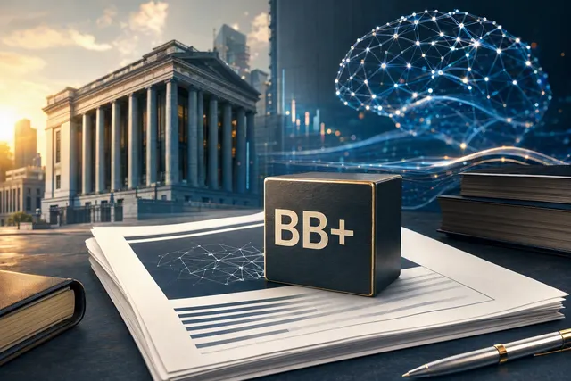 Editorial illustration representing Anthropic’s BB+ credit rating and AI infrastructure financing.