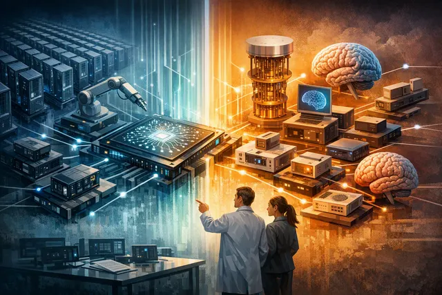 Abstract illustration of heterogeneous AI infrastructure connecting multiple models and processors