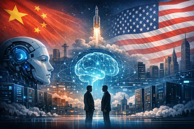 Editorial illustration of Moonshot AI’s Kimi K3 model connecting to Microsoft Azure, AWS and Google Cloud amid U.S.–China technology tensions