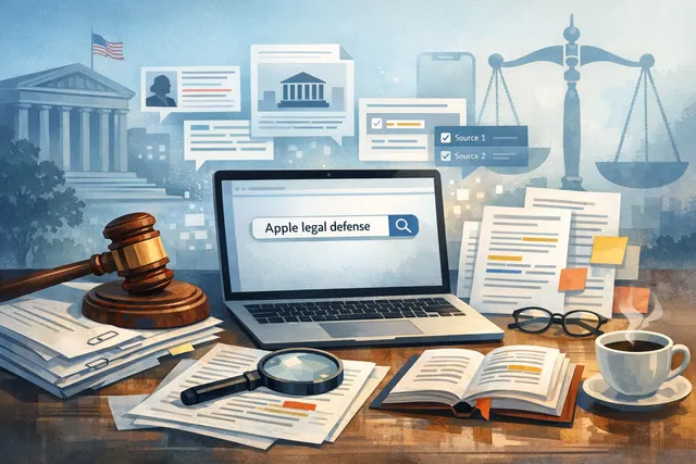 A courtroom gavel on a wooden block next to an Apple logo and YouTube interface elements, representing the DMCA class action lawsuit against Apple over AI training data scraping.
