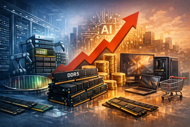 Illustration of AI data centers competing with consumer PCs for scarce DRAM and HBM memory
