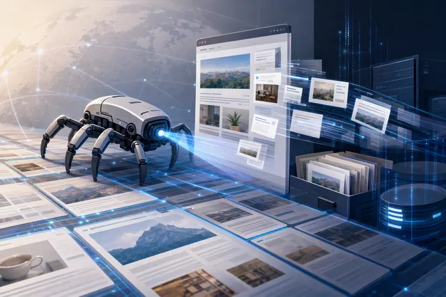 Illustration of a web crawler collecting pages from a business website beside social media icons