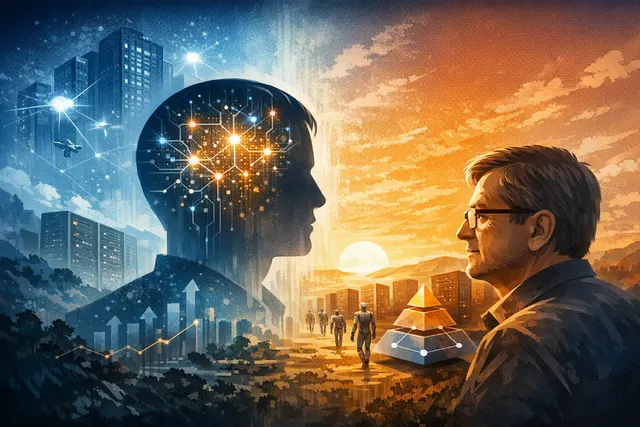 Editorial illustration of Yann LeCun’s world-model approach to artificial intelligence