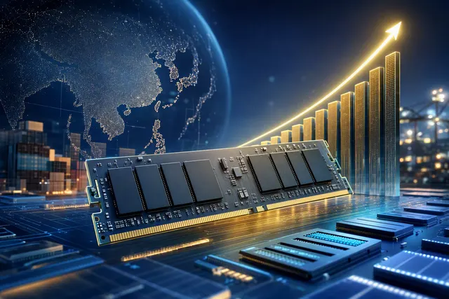 Illustration of memory-chip manufacturing and data infrastructure representing CXMT’s DRAM growth