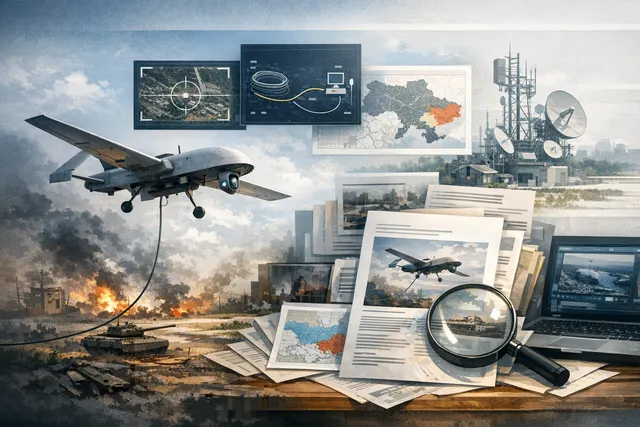 Editorial illustration showing a fiber-optic FPV drone over Kharkiv, representing Russia's unjammable drone warfare in Ukraine