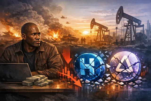 A stylized depiction of Arthur Hayes amid falling crypto charts, with logos for HYPE, NEAR, and Worldcoin, symbolizing his portfolio rotation and the market impact.