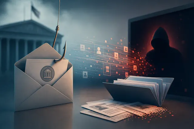 Editorial illustration of a fraudulent official email request and customer-data security breach