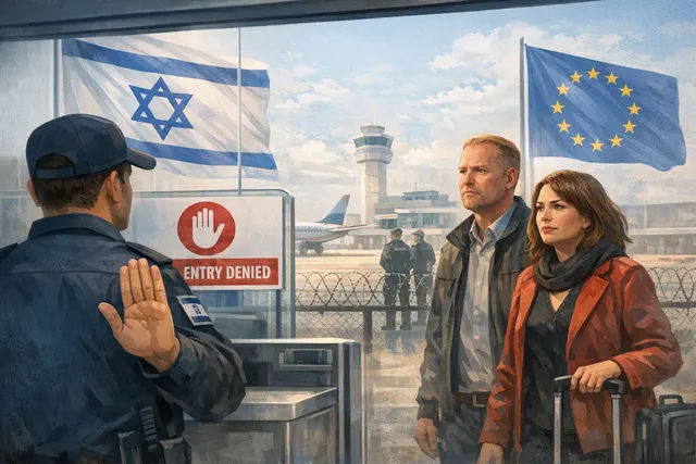 Editorial illustration of Israel barring two Swedish European Parliament members from entering before a planned visit to the Palestinian Authority