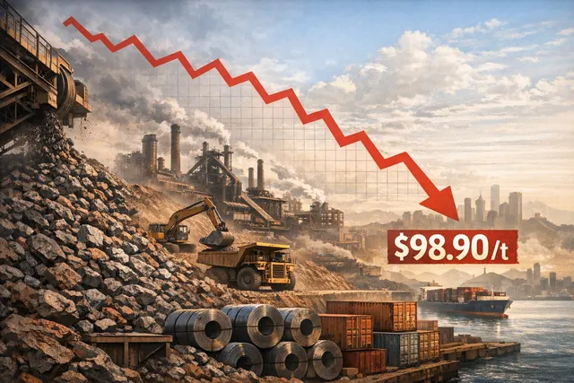 Declining graph showing iron ore prices falling below $100 per ton with a backdrop of a Chinese port and steel mill, symbolizing weakening demand and oversupply.