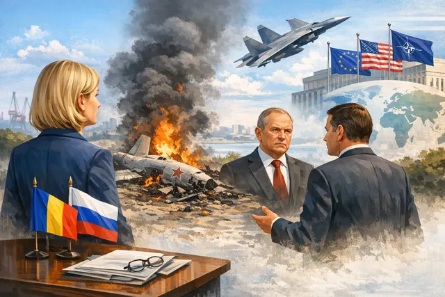 Conceptual illustration of a fiery drone crash into a modern European apartment building at night, symbolizing the Russian Geran-2 strike on Galați, Romania.