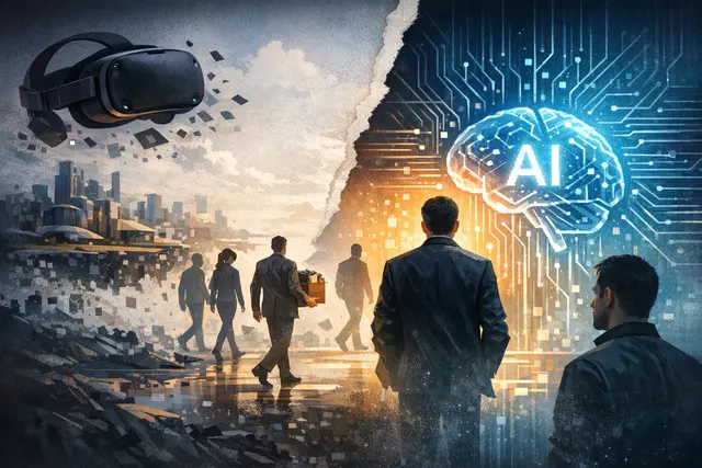 Meta's strategic pivot from metaverse leadership to AI dominance, showing a fractured virtual reality headset dissolving into glowing data streams and neural network patterns.