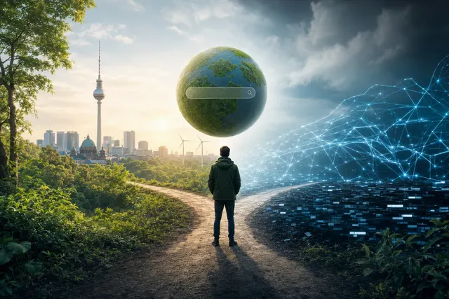 Illustration representing Ecosia’s shift from French AI company Mistral to a mix of open-weight models.