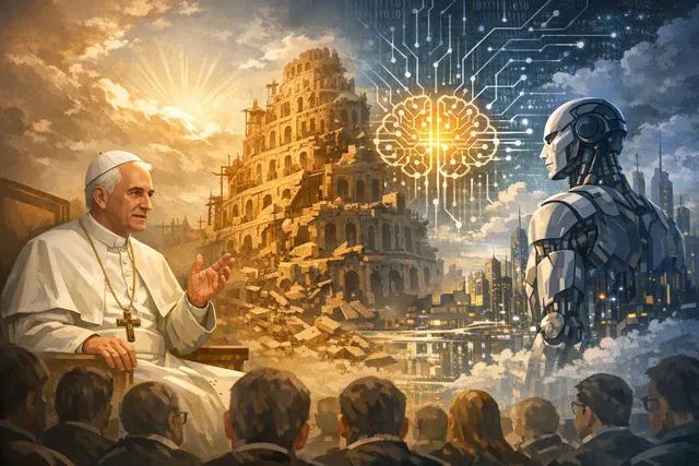 Artistic depiction of Pope Leo XIV's Magnifica Humanitas encyclical addressing artificial intelligence ethics