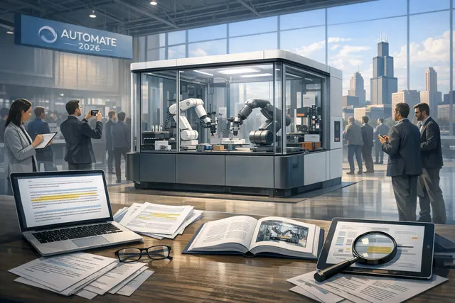 Abstract 3D rendering of a glowing, modular industrial robot workcell with AI data streams, symbolizing Google Intrinsic's Intelligence Cell at Automate 2026.