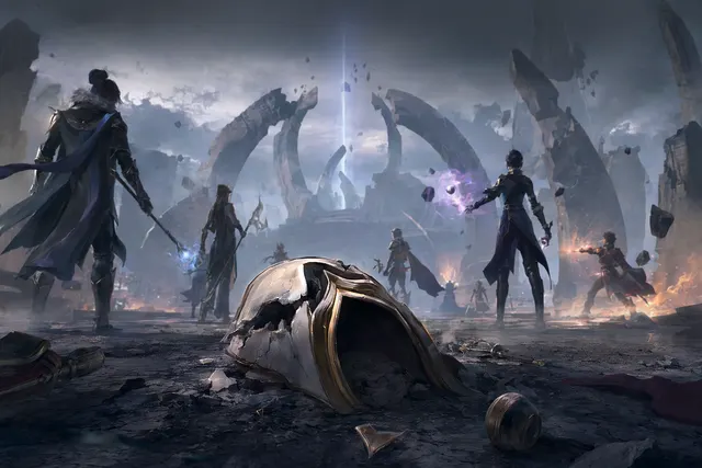 Fantasy MOBA battlefield with spellcasters flying and casting magic, representing the canceled game Spellcasters Chronicles
