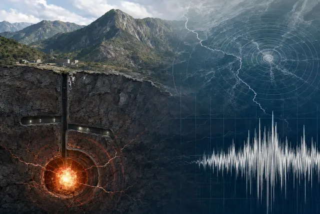 Editorial illustration of seismic activity beneath Mount Mantap near North Korea’s Punggye-ri nuclear test site