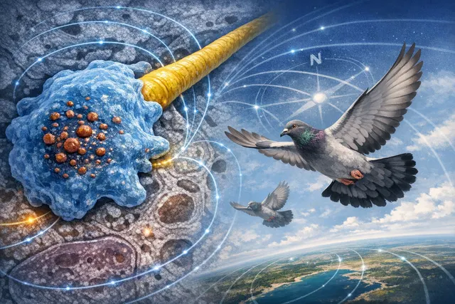 Illustration of a homing pigeon in flight, connected to a glowing anatomical diagram of the liver and a magnetic field, representing the biological compass discovery.