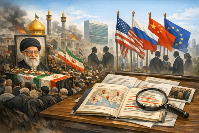 A somber editorial illustration of a large state funeral ceremony in Tehran, with rows of foreign dignitaries and Iranian officials at the Grand Mosalla prayer complex.