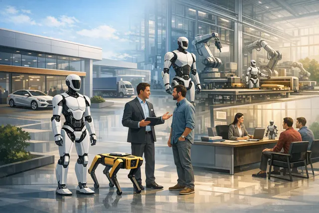 Humanoid and quadruped robots displayed with a Hyundai vehicle, representing Hyundai’s potential Boston Dynamics dealer strategy