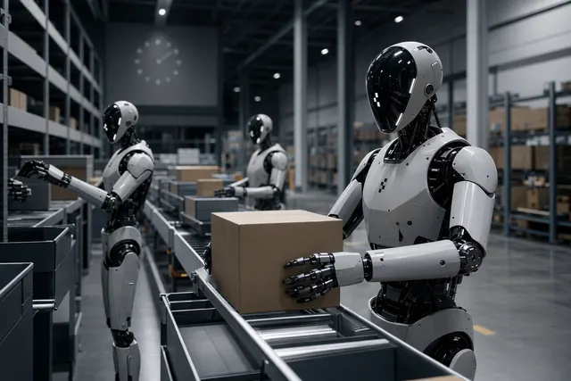Humanoid robots sorting packages autonomously in a warehouse environment
