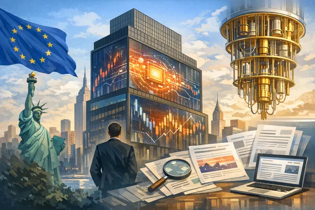 AI-generated illustration of IQM Quantum Computers' Nasdaq debut, featuring a stock market display with IQMX ticker and quantum computing imagery.