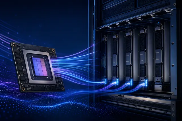 Illustration of rack-scale AI infrastructure connecting d-Matrix Raptor inference processors with Nvidia NVLink networking