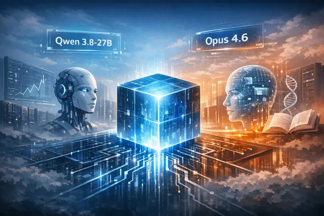 Editorial illustration representing Qwen3.8-27B running as a local multimodal AI model on consumer hardware