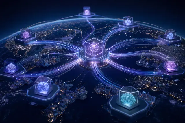 Illustration of AI agents connected through a deterministic network