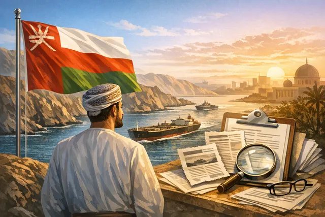 Graphic illustration of a tanker ship near the Strait of Hormuz with diplomatic flags and a map of the Persian Gulf region, representing Oman's 2026 transit fee position